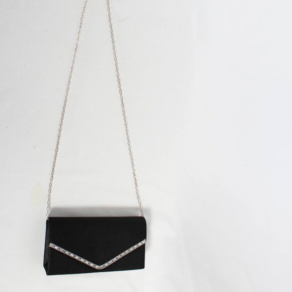 New Black Sateen Evening Clutch Bag with Rhinestone Detailing and Silver Chain - Picture 6 of 7